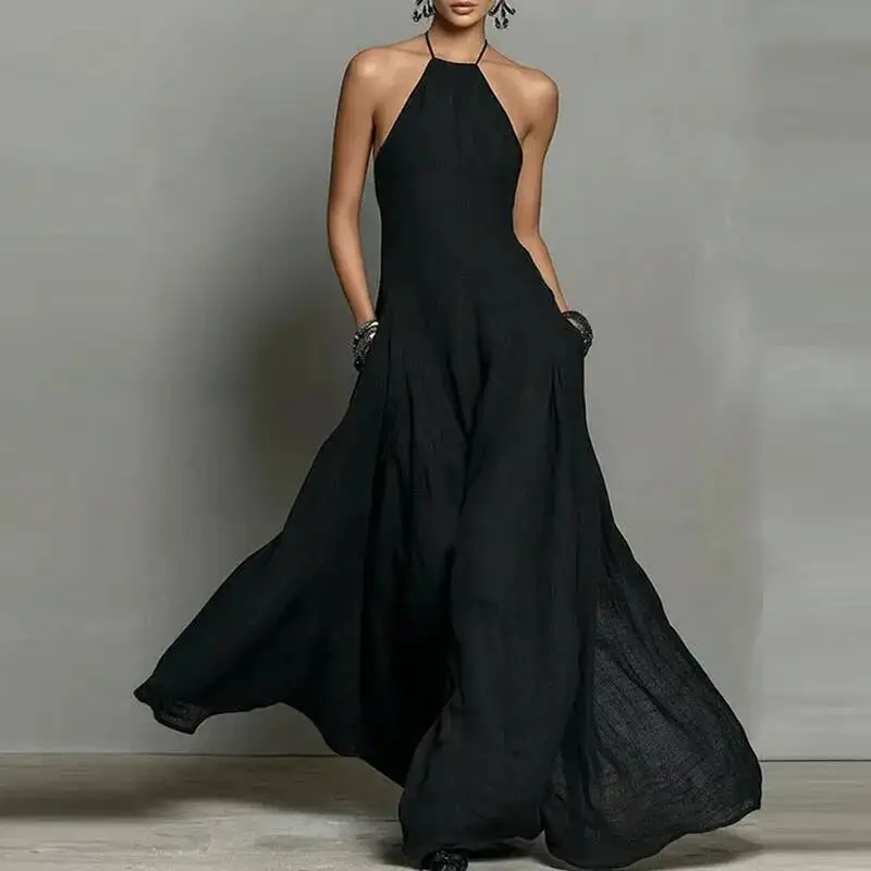 

Sexy Halter Backless Hollow Maxi Women's Spring Solid Flowy Party Casual Dresses Summer New Sleeveless Vacation Long Dress