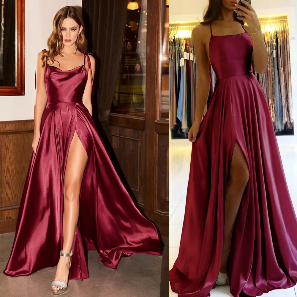 Ladies A-line Long Satin Evening Dresses Women Sexy Spaghetti Straps Sexy Slit Wedding Prom Party Gowns 2023 New Year Vestidos