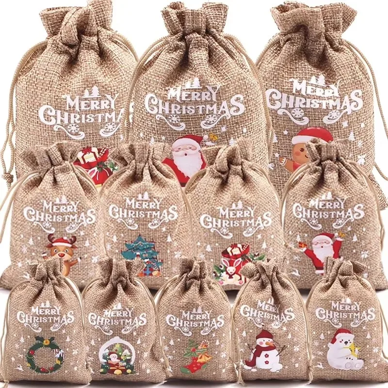 1/20PCS Christmas Linen Drawstring Bags Candy Biscuits Pouchs Burlap Bracelet Jewelry Storage Bags Xmas Kids Gift Packaging Bags