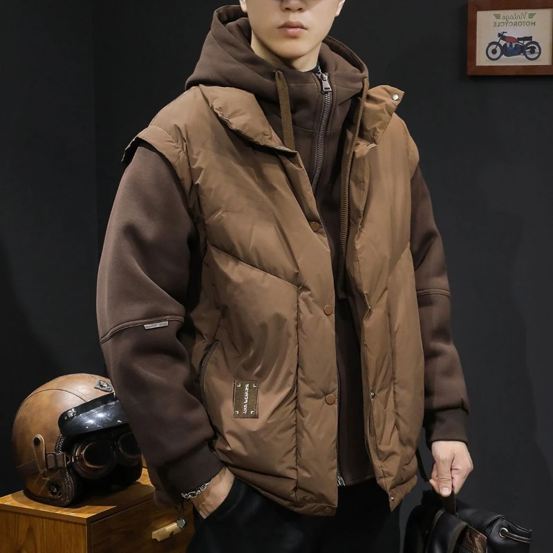 Men's Hooded Fake Two-Piece Padded Jacket 2026 Winter Trendy Workwear Splice Plus Size Coat