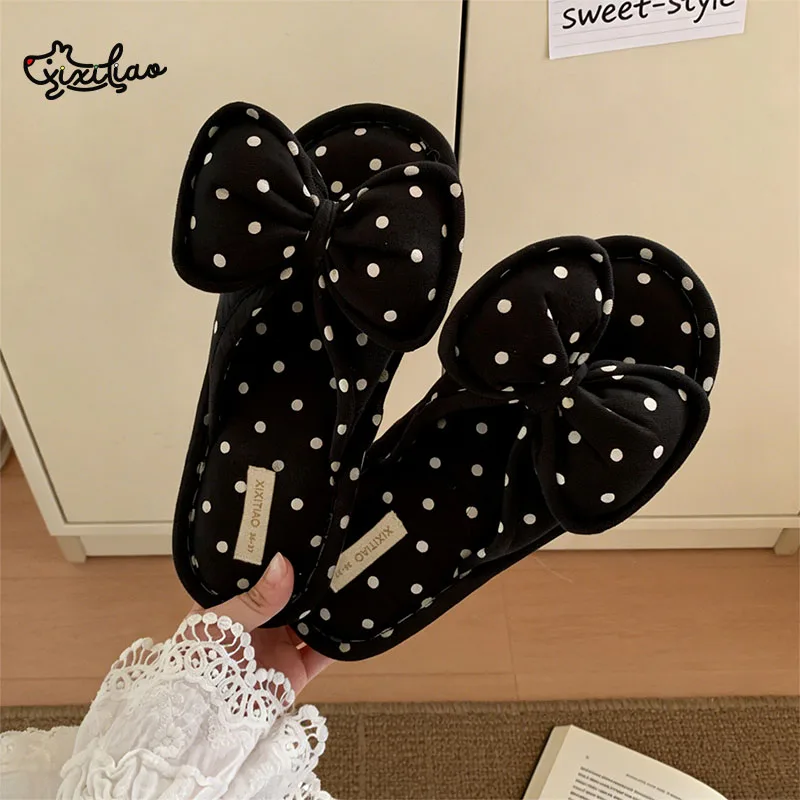 XIXITIAO Indoor Flat Slippers for Women Fashion Casual Cotton Bow Design Bedroom Footwear Ladies Comfortable Home Flip-flops view 4