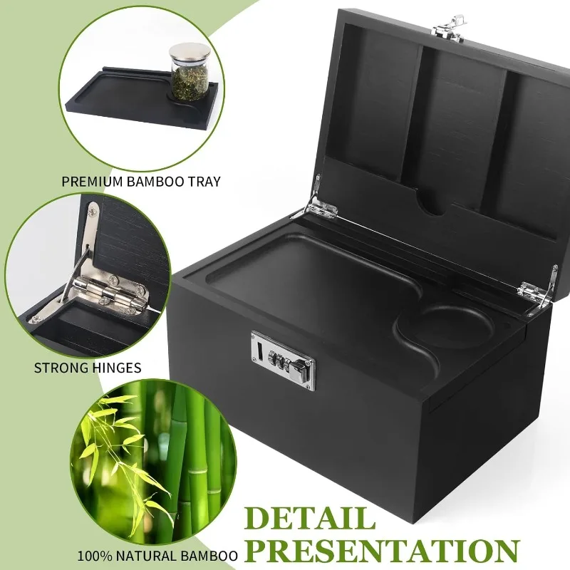 Large Black Bamboo Box with Combination Lock,Smell Proof Box with Detachable Compartment