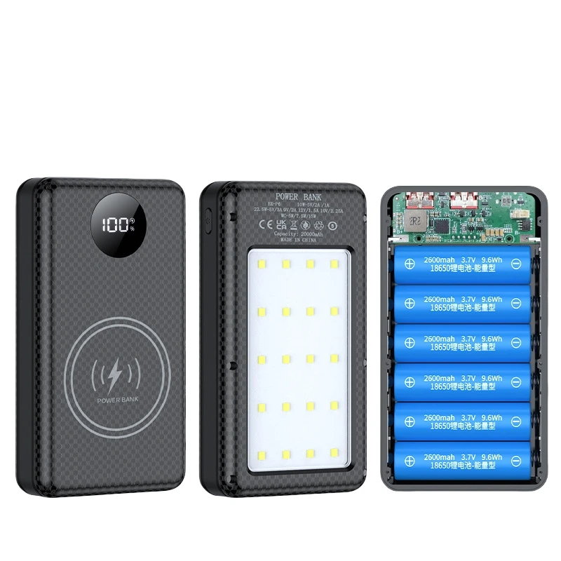6*18650 20000mAh Power Bank Fall 22,5W Schnelle Lade 15W Drahtlose Lade Mobile Power Bank Gehäuse batterie Halter Für Telefon