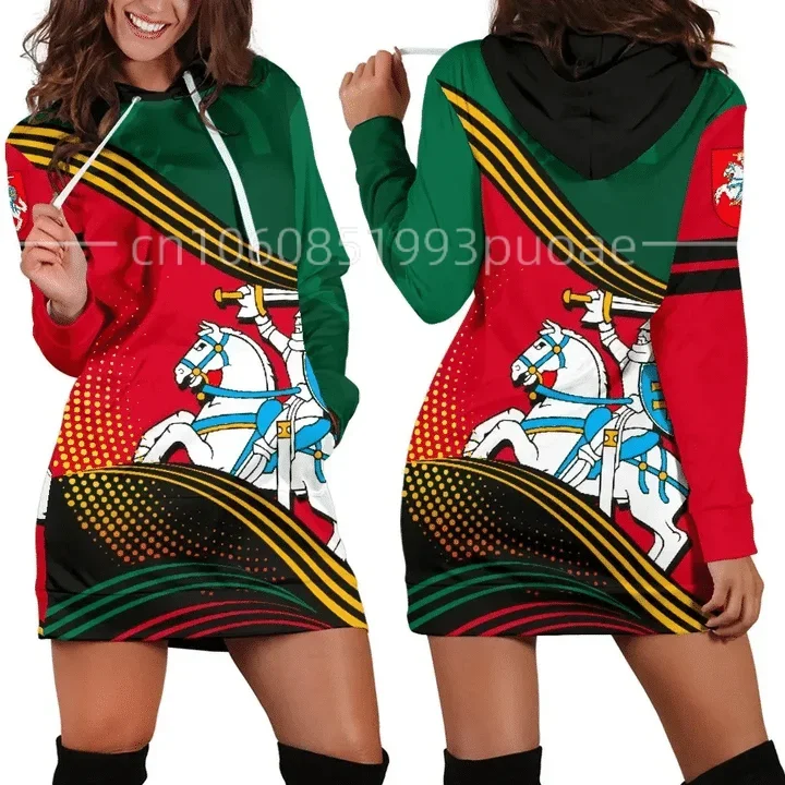 Love Lithuania Country Flag New Harajuku Novelty 3D Print Autumn Hoodies Dress Women Casual Wear Long Sleeve Hooded Dress