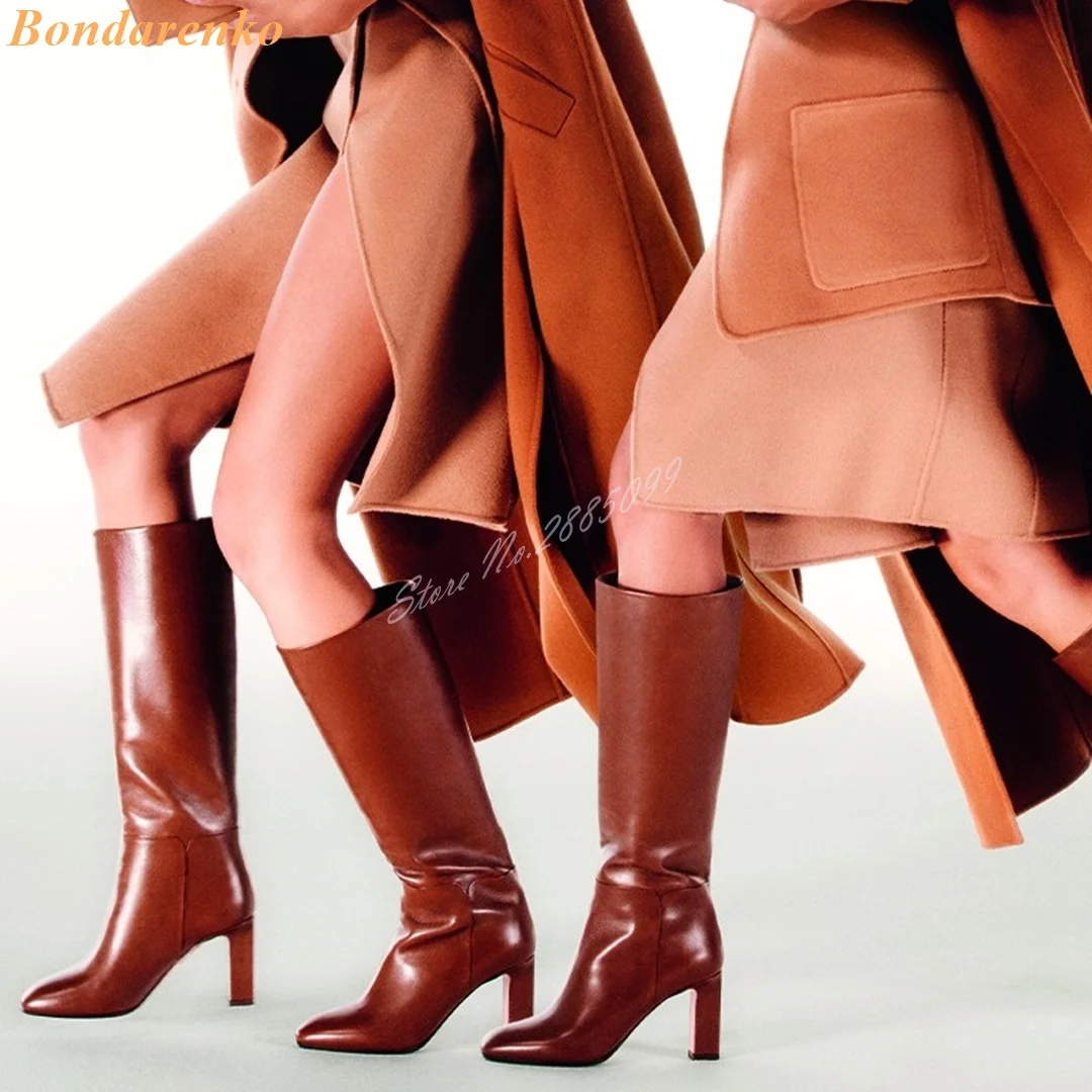 

Genuine Leather Solid Boots Pointy Toe Chunky High Heels Knee High Boots Slip On Slimming Women Shoes New Style Winter Banquet