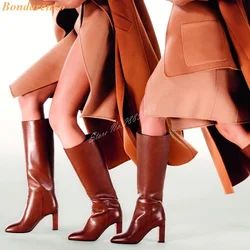 Genuine Leather Solid Boots Pointy Toe Chunky High Heels Knee High Boots Slip On Slimming Women Shoes New Style Winter Banquet