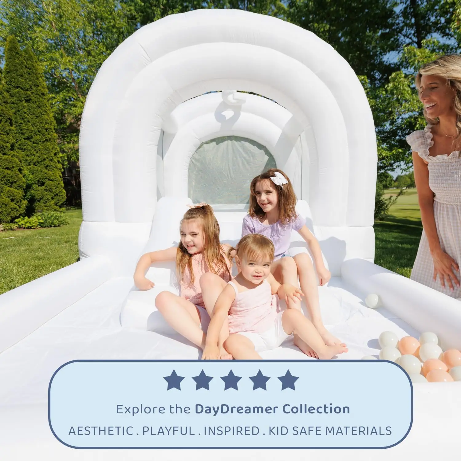 White Bounce House with Slide,Blower Included, Bouncy House with Basketball Hoop, Pastel Plastic Balls, Trendy Bouncer for Kids