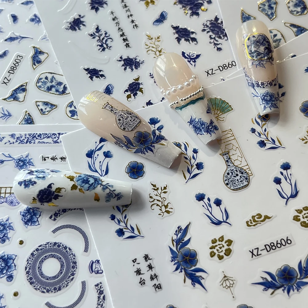 1 stks 3D Blauw Wit Porselein Chinese Stijl Nail Sticker Zelfklevende Blauwe vaas/raam bloem/pioen patroon Nail decals decor # 7@