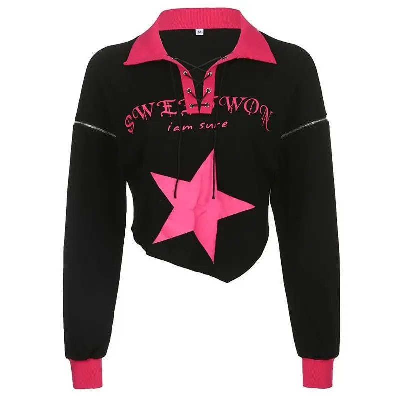 Polo-neck Women Sweatshirts Letter Printed Zip Irregular Long-sleeved High Street Y2k Tops Autumn New Arrival Streetwear Female