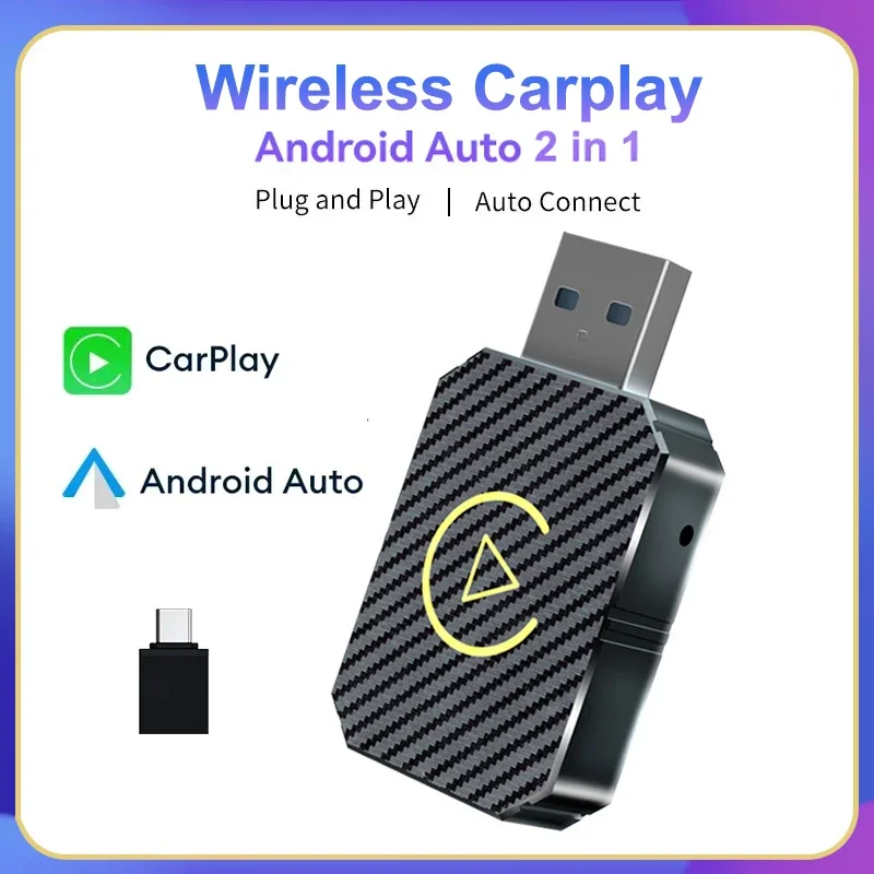 Adaptador CarPlay inalámbrico 2 en 1 y Mini adaptador inalámbrico automático Android, adaptador inalámbrico Carplay Plug & Play WiFi tipo C/USB de 5Ghz