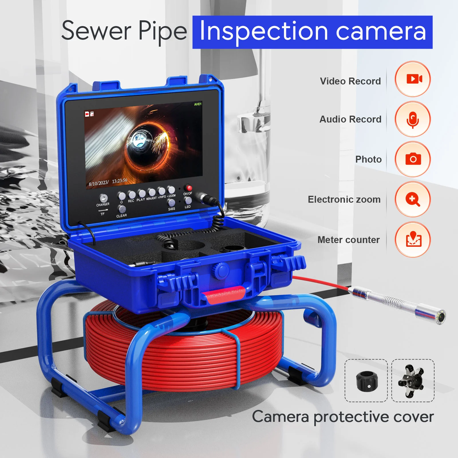 30m meter counter 23MM IP68 9-inch video borescope inspection CCTV camera system