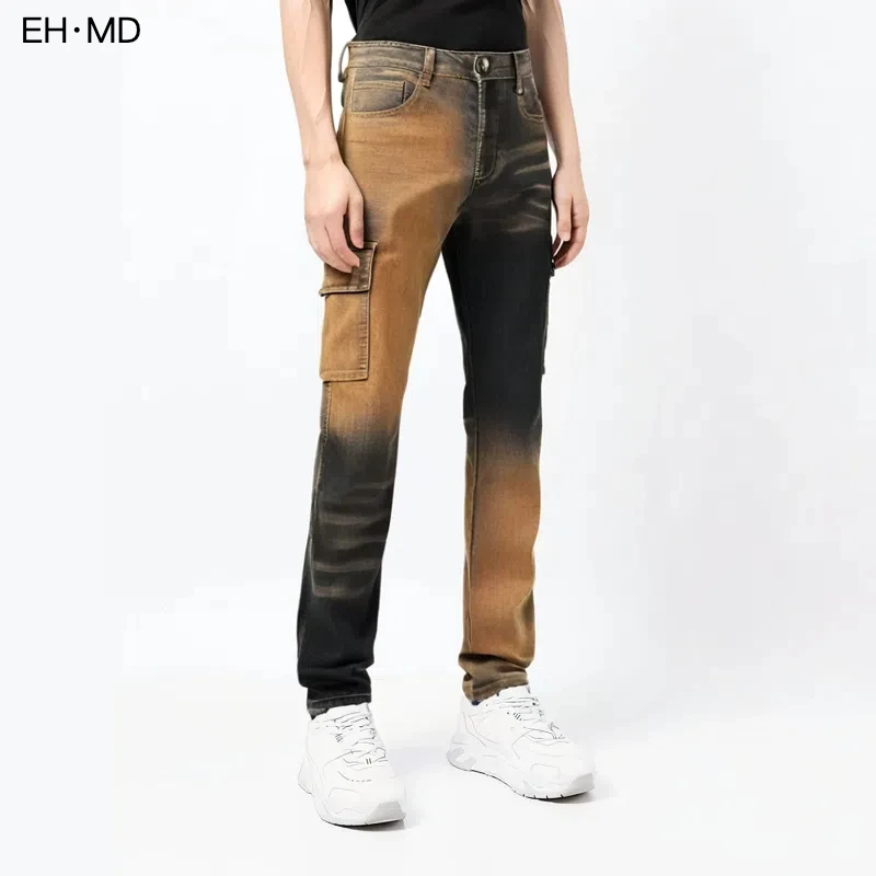 Gradient Color Jeans Men Small Feet Casual Splicing Pants Large Pocket Luxury Trend High Elasticity Versatile Color Matching 025