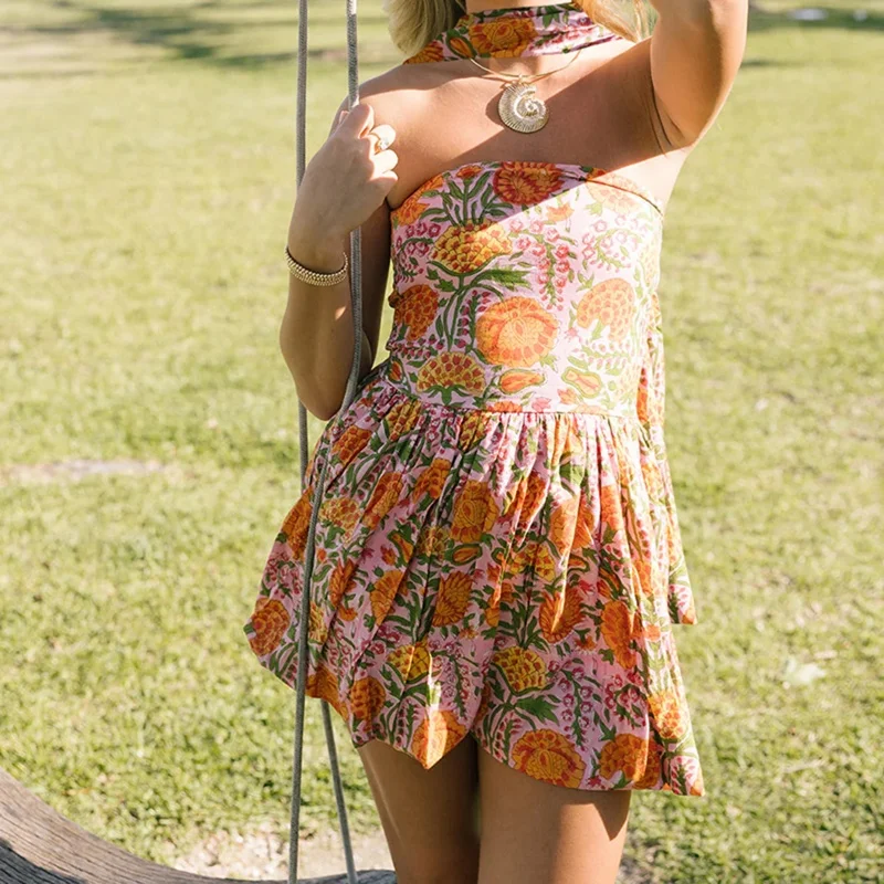 Donna Y2k Boho Tubo floreale senza spalline Mini sciarpa Abito a palloncino Boho Paisley Smocked Ruffle Abiti corti a pieghe Abbigliamento da spiaggia
