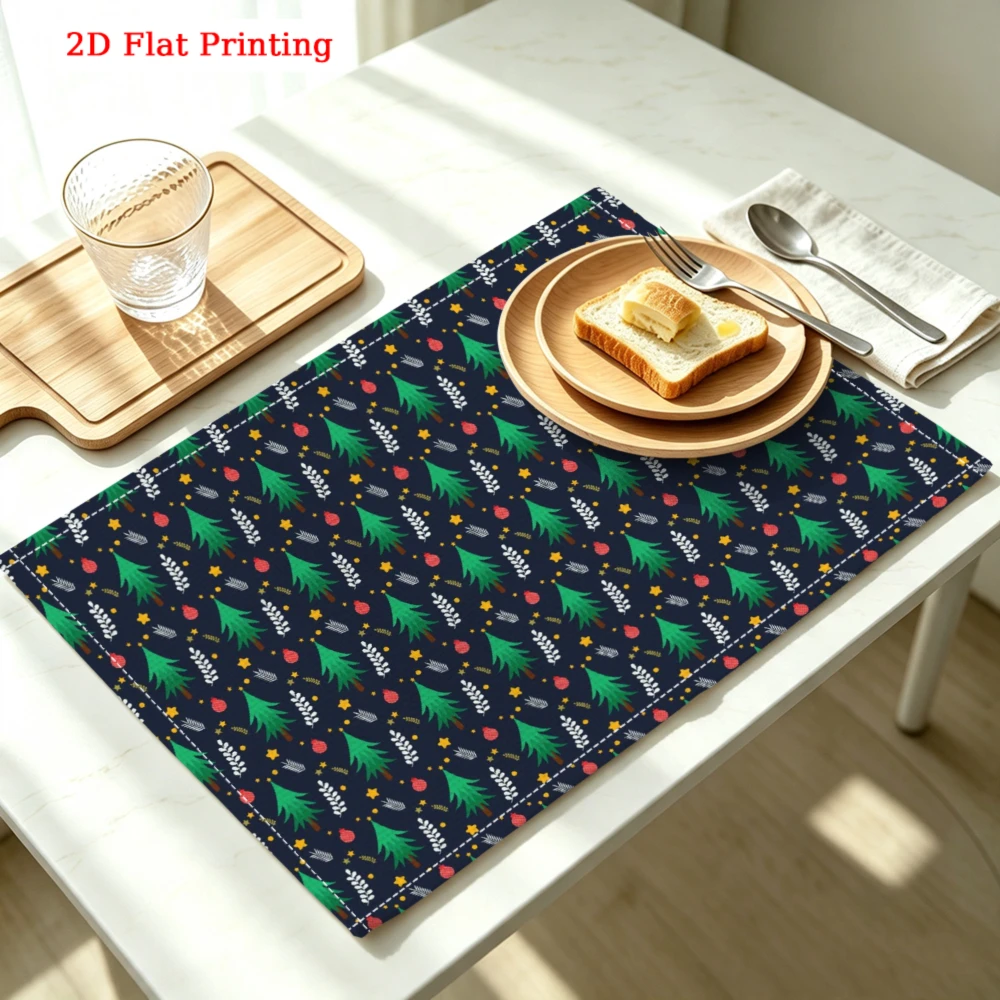 1Pc Christmas Tree Pattern Placemat Dark Blue Festive Holiday Print Table Mat For Dining Kitchen Home Decor Gift Use 30X40Cm