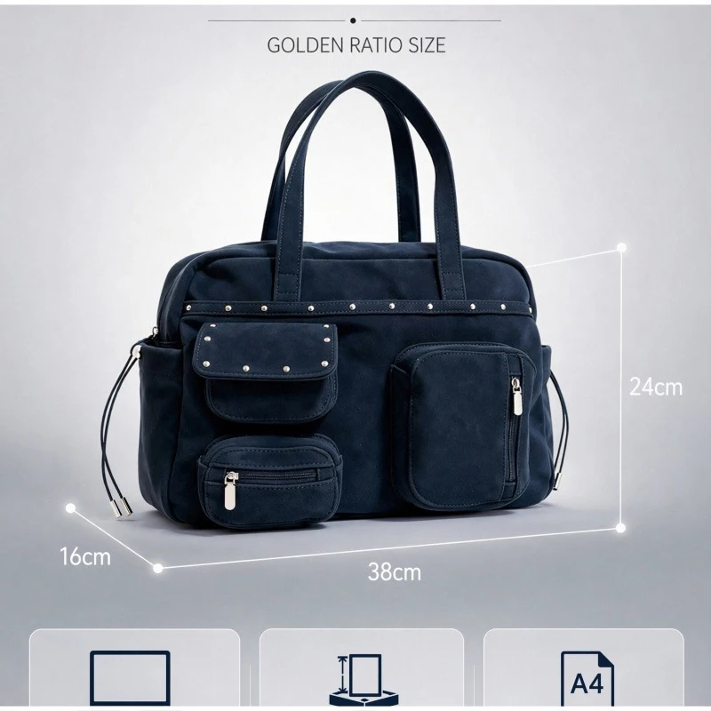 Mehrtaschen-Nietenhandtasche, Großraumige Einfarbige Metallnieten-Tragetasche, Vielseitige Pendler-Reise-Aufbewahrungstasche mit Schulterriemen – Detail 10
