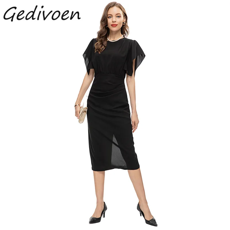 

Gedivoen Summer Fashion Runway Vintage Package Buttock Dress Women's O-Neck Beading Gathered Waist Slit Party Medium Long Dress