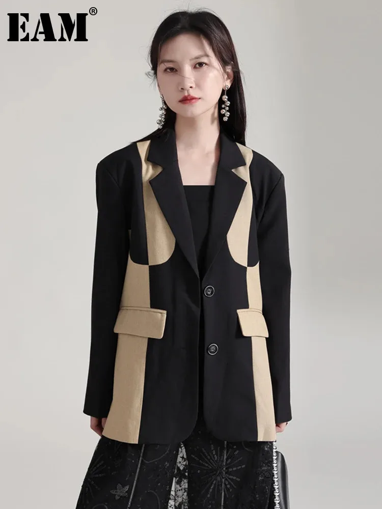 [EAM] Women Khaki Color-block Big Size Blazer New Lapel Long Sleeve Loose Fit Jacket Fashion Tide Spring Autumn 2024 1DH0586