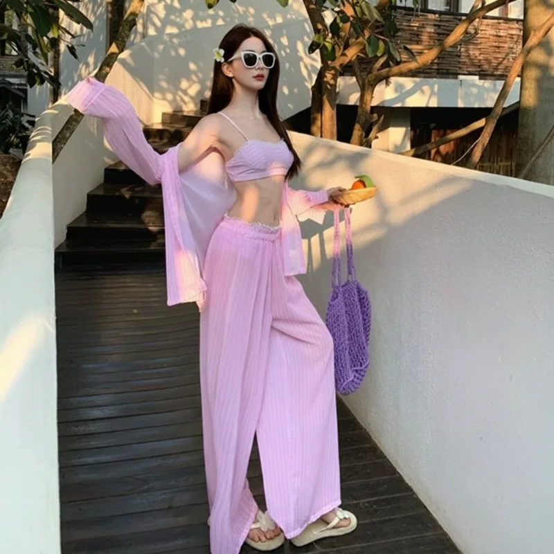 

Swimsuit Women's Relaxed Striped Shirt Loose Korean Lazy Wide Leg Pants Strapless Camisole Bikini Four Piece Set Beach Vacation