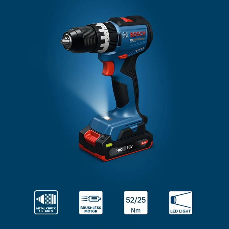 Bosch GSB18V-52 Professional Brushless 18V Cordless Impact Drill 52Nm, 2-Speed Control, Metal 3-Jaw Chuck, LED Light