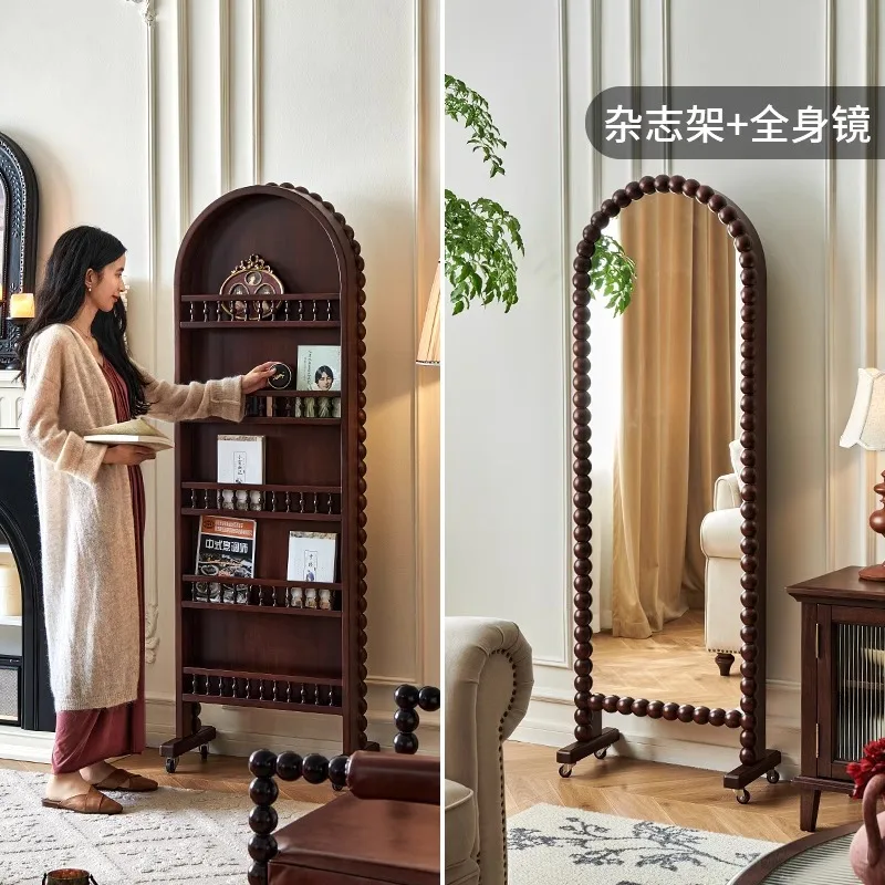 

French antique retro full-body mirror magazine bookshelf dual-purpose floor-to-ceiling full-length mirror rotatable with rack