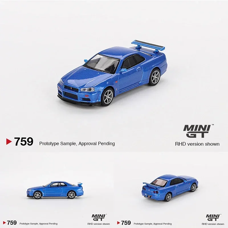 MINIGT 759 재고 있음 1:64 닛산 스카이라인 GTR R34 V SPEC 베이사이드 블루 다이캐스트 디오라마 모델 컬렉션장난감