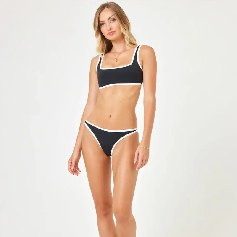 Micro Bikini Patchwork noir et blanc, maillot de bain 2 pièces pour femmes, maillot de bain Sexy taille basse, vêtements de plage à bretelles, nouvelle collection été 2024