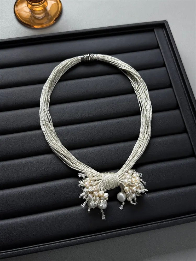 Silver knot pearl fringed necklace French light luxury high temperament neck chain collarbone chain