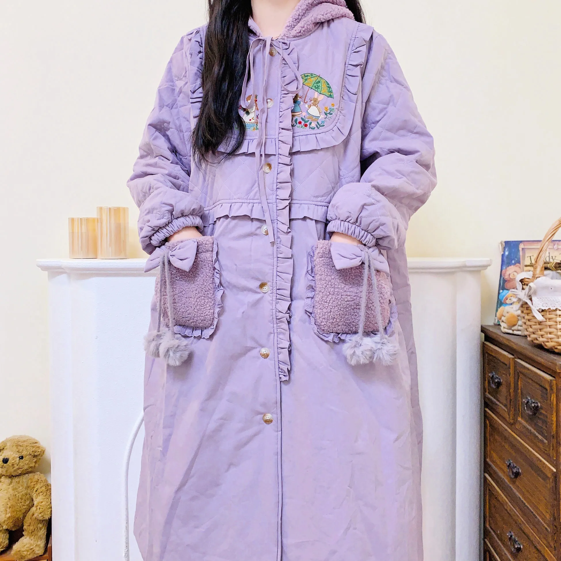 Vintage Mori Girl Ruffled Embroidery Bow Quilted Long Coat for Women 2024 Winter Sweet Lolita Kawaii Cottagecore Goblincore Coat