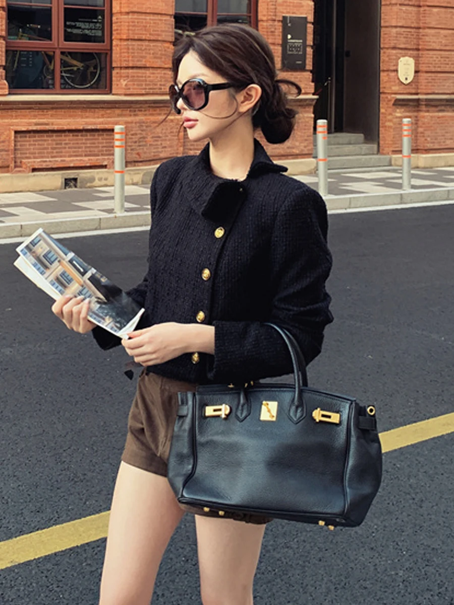 Slim Fit Metal Single Button Short Coat Elegant Style Straight Tube Design Fashionable Top for Women High Quality Luxury Wind