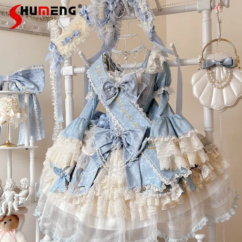 

Elegant Sweet Original Lolita Heavy Industry Lolita Dress Japanese Rojita Style Long Sleeves High-waisted Silm Fit Dresses Women