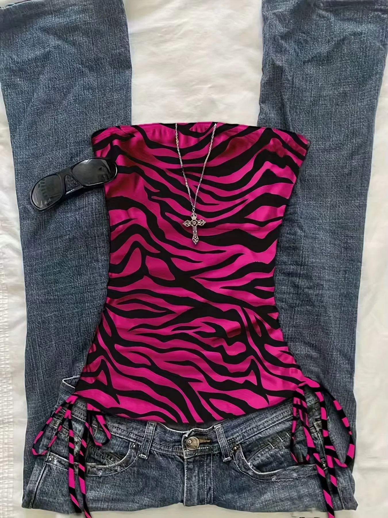 Cropped Top Women's Summer Vacation Pleated Lace Up Leopard Print Vest, Sleeveless Zebra Print Top, Pink Zebra Print Top,