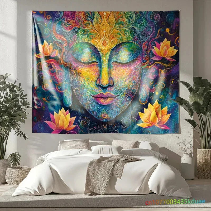 

IJL62Colorful Buddha Tapestry Spiritual Boho Wall Art Meditation Decor Buddha Face Wall Hanging Zen Home Aesthetic Backgroun4Th^
