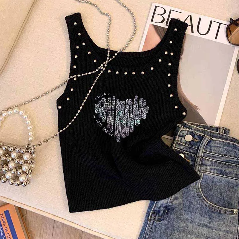 Summer New Chic Rivet Love Printing Tanks Women Vintage Elastic Slim O-neck Y2K Versatile Sleeveless Tops