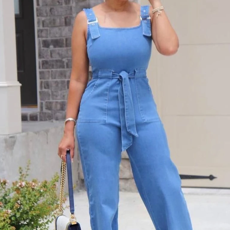 Washed Denim Women Camisole Jumpsuits Sashes Solid One Piece Sexy Rompers Spliced Basics Backless Straight Pants Pockets