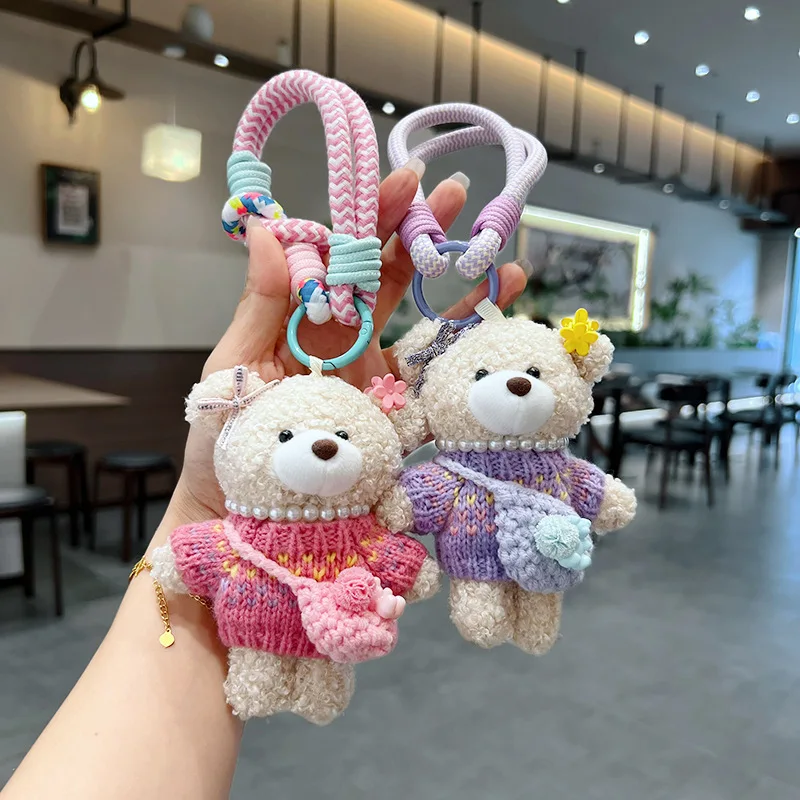 1 stks cartoon schattige trui wollen schoudertas teddybeer pluche pop sleutelhanger speelgoed kamer auto tas decoratie sleutelhangers hanger cadeau