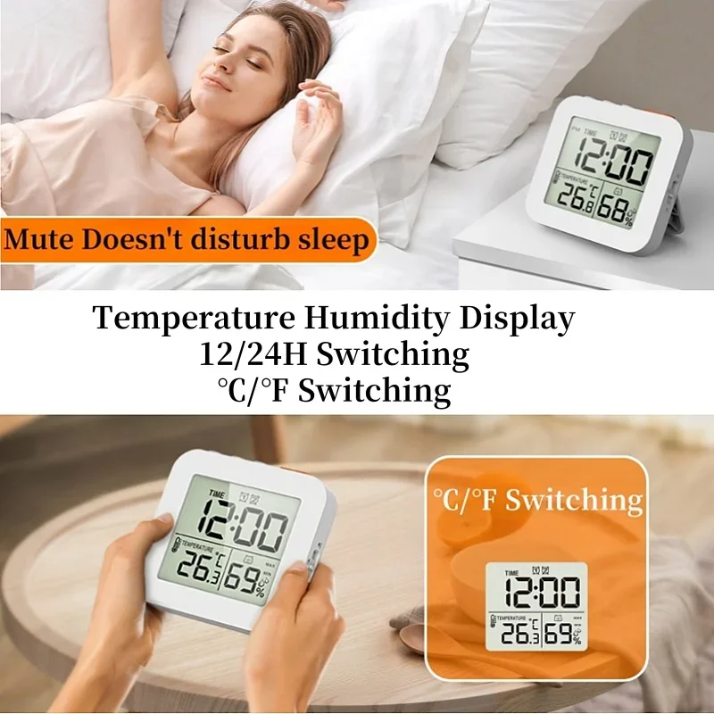 2026 Digital Alarm Clock TEMP Humidity Dual Alarm Timing Countdown Backlight Snooze Table Clock 12/24H Battery Powered LCD Clock
