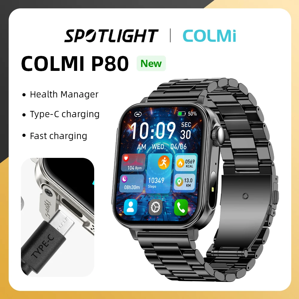 COLMI P80 Type-c Smartwatch الرجال النساء مدير الصحة بلوتوث دعوة IP67 مقاوم للماء مصباح يدوي ساعة ذكية للهاتف Xiaomi iOS