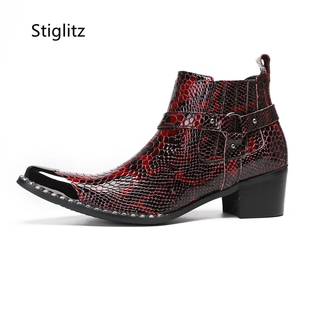 

Snake Pattern High Heeled Men's Boots Red Black Mixed Colors Ring Buckle Ankle Chelsea Boots Metal Toe Side Zipper Wedding Shoes