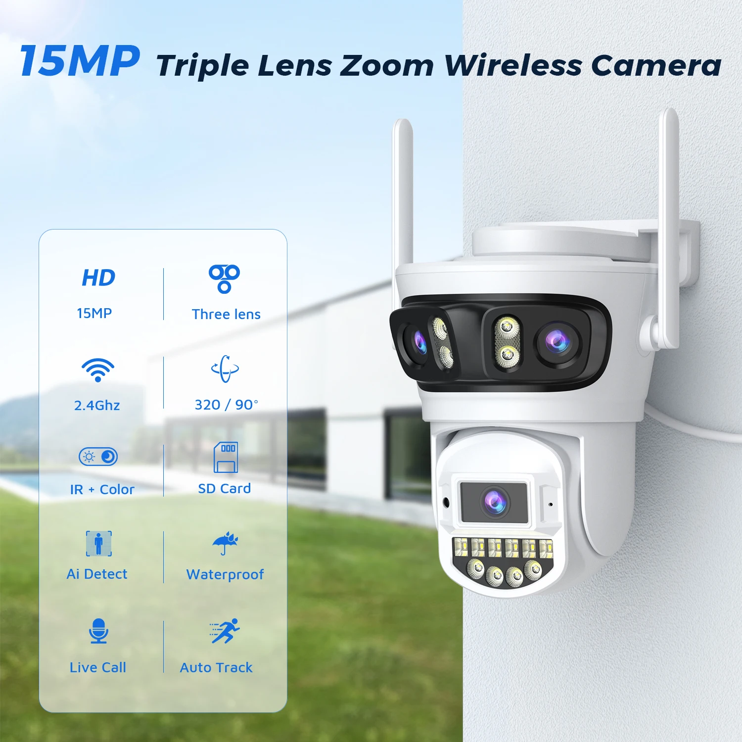 15MP PTZ IP Camera Outdoor Wifi Surveillance Camera 5X Digital Zoom Three Screens Security Camera 180° Oversized Viewing Angle