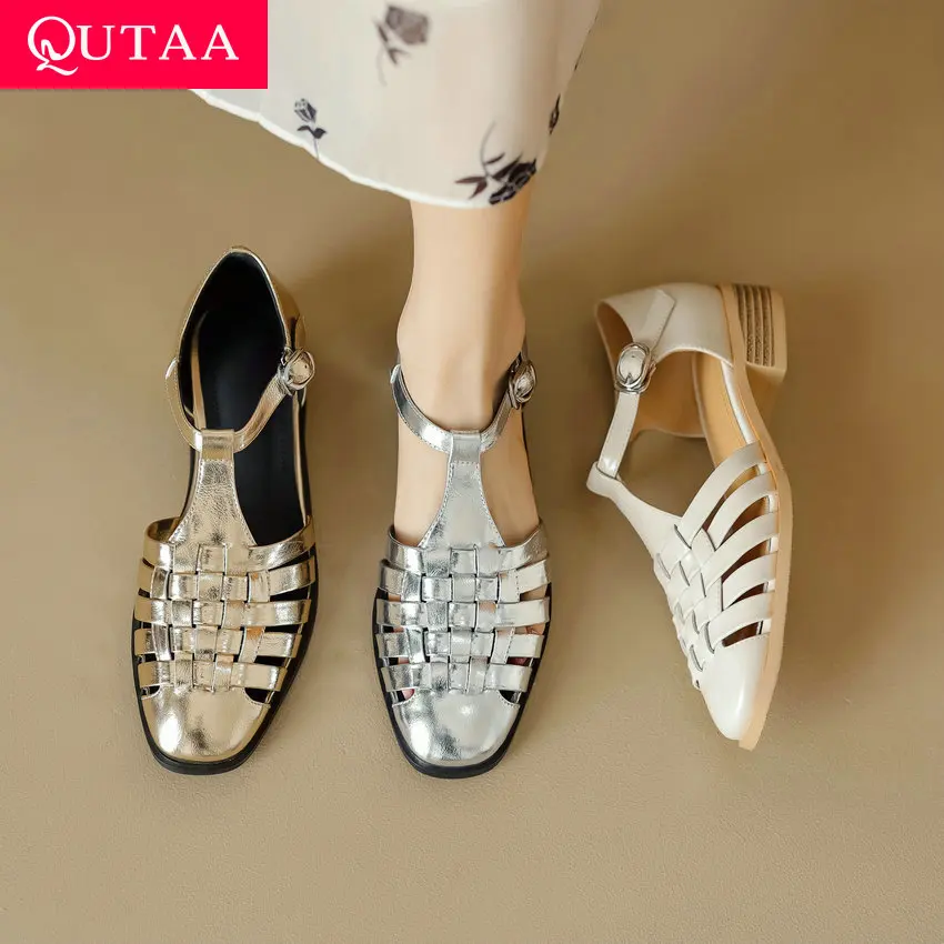 QUTAA 2023 Summer Women Sandals Gladiator Fashion Genuine Leather Low Heels Working Casual Comfortable Shoes Woman Size 34-40