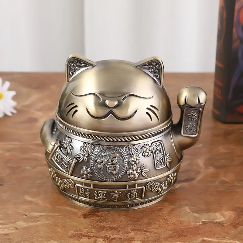 Cat Design Ashtray Zinc Alloy Ashtray Portable Metal Ashtray Anti-fly Cigarette Holder Retro Lucky Cat Home Desk Decoration