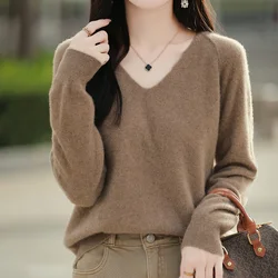 2024 Autumn Winter New 100% Pure Woolen Sweater Women's Chicken Heart Collar Sweater Loose Long Sleeve V-neck Knit Bottom Shirt