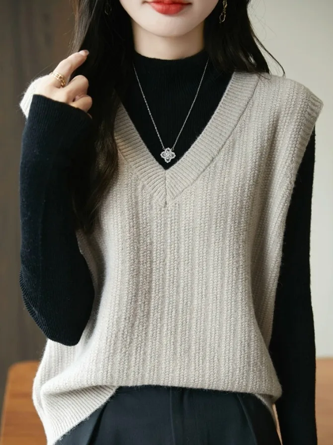 

Вязаный жилет Oule, женский верхний многослойный жилет с v-образным вырезом, обычный тонкий хлопковый наполнитель, осенний сезон Faion