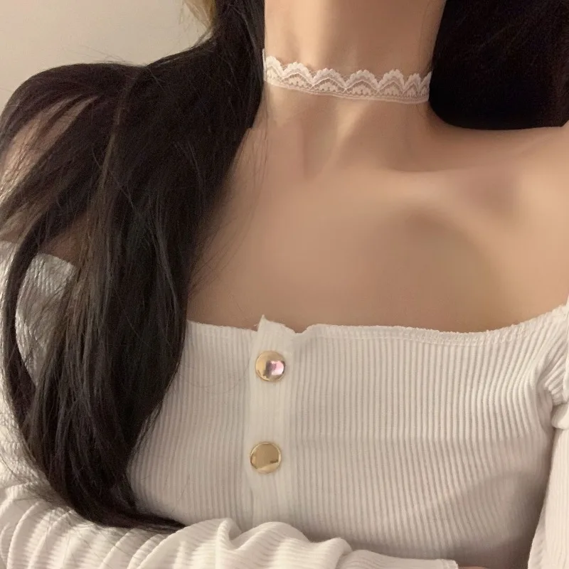 1 Piece White Black Color Korean Fashion Lace Necklace for Girl Jacquard Versatile Short Collarbone Chain INS Causal  Neck Strap