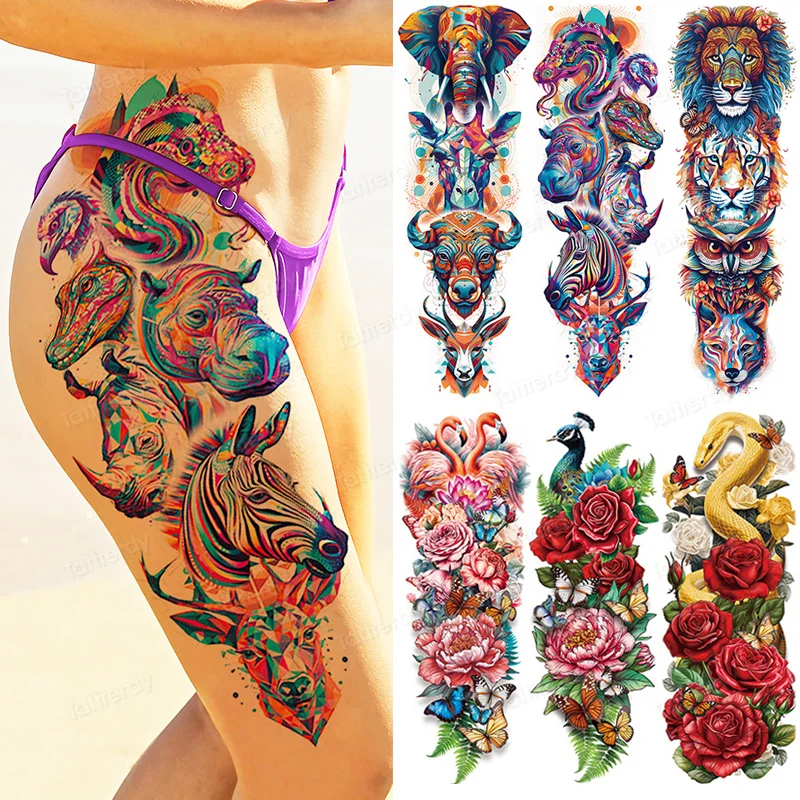 Thigh Full Arm Temporary Tattoo Stickers Large Body Art Female Male Sexy Fake Tattoos Flower Rose Lion Snake Wolf Tattoo Pattern