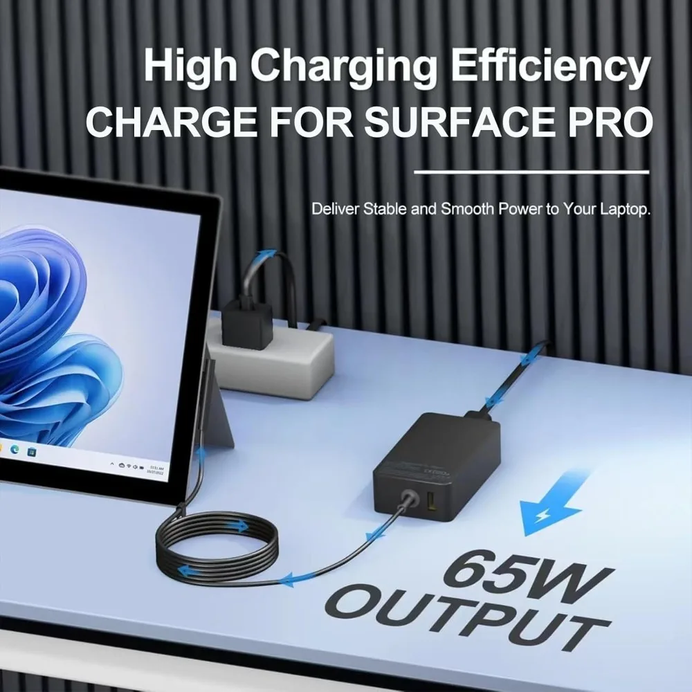 Surface Pro Charger 65W, Laptop Charger Compatible with Microsoft Surface Pro 11/10/9/8/7+/7/6/5/4/X, with 8.8ft Power Cord