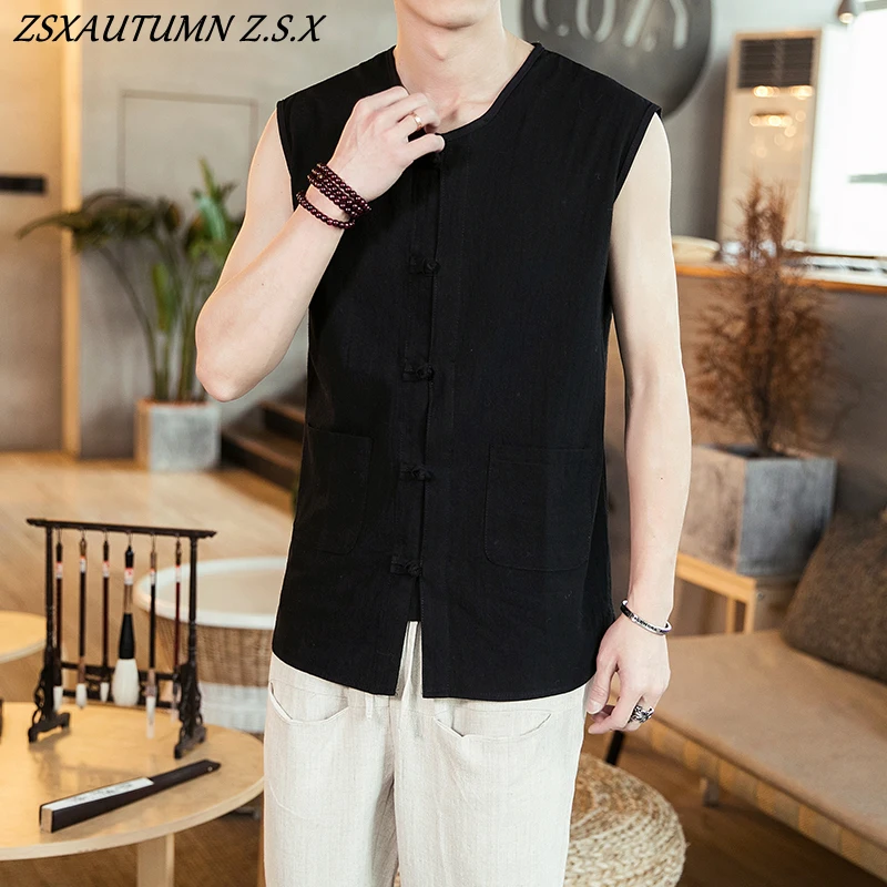 Chinese Style Men's Linen T-Shirt Pan Buckle Sleeveless Vest Oversize Fashion Male Charm Tang Style Improved Hanfu Zen Clothes