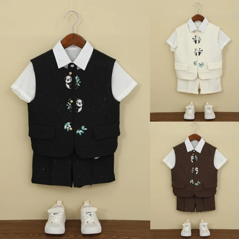 Boys Summer Formal Suit Set Panda Embroidery Kids Gentleman Outfit for Wedding Birthday Party Short Sleeve Shirt Vest Shorts Tie