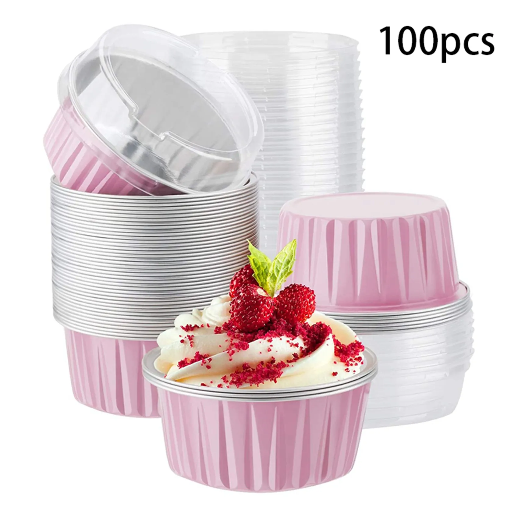 

A53Q-200Pcs 5Oz 125Ml Disposable Cake Baking Cups Muffin Liners Cups With Lids Aluminum Foil Cupcake Baking Cups-Pink