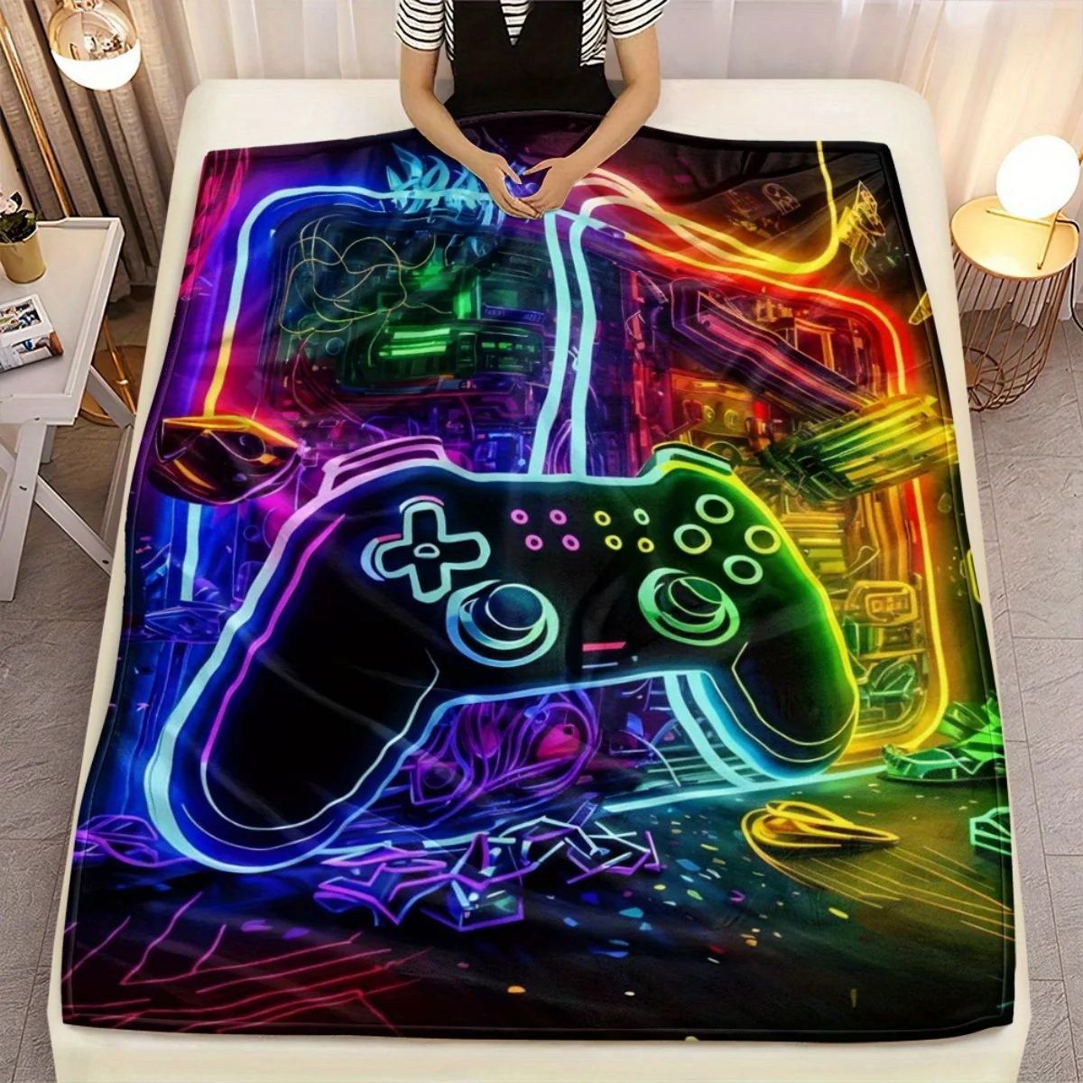 Gaming blanket throw for sofa couch blanket electric controller arcade themed living room decor gift